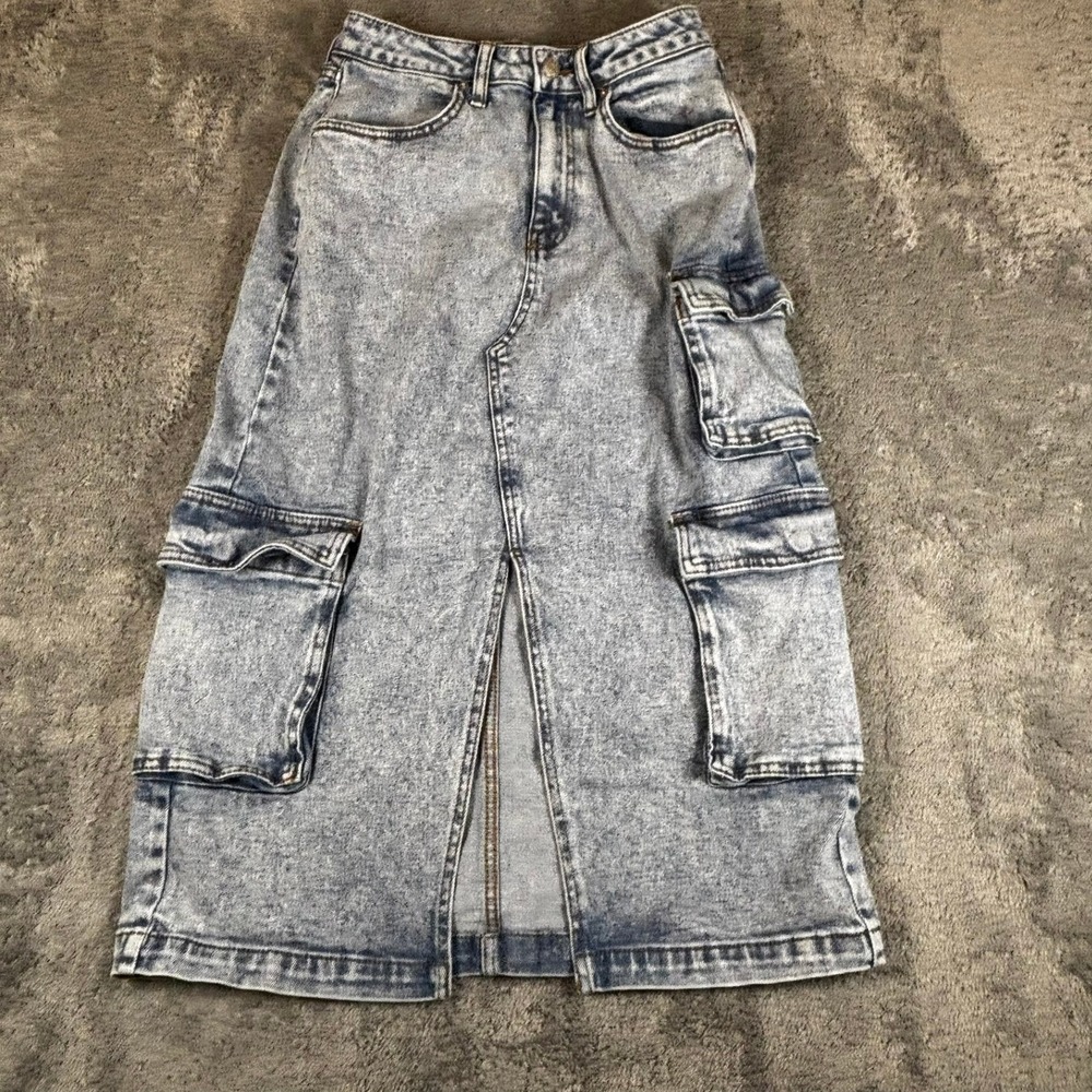 Wild Fable Acid Wash Denim Cargo Midi Skirt Light Blue Utility Front Slit Small